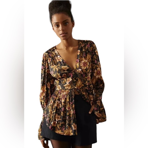 Anthropologie Deep V-Neck Floral Blouse Small - Picture 2 of 16
